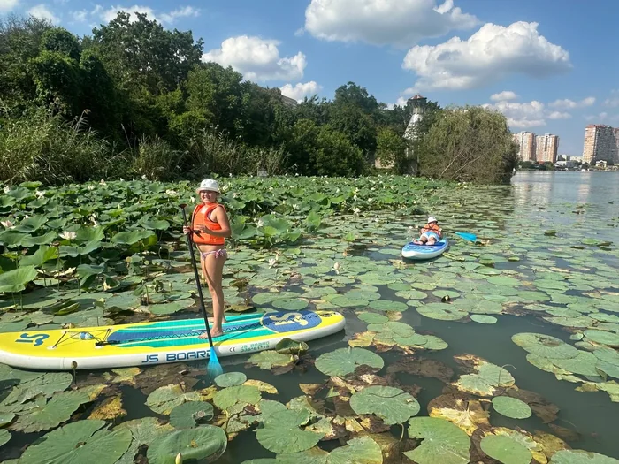 Участник на SUP-доске среди водных растений